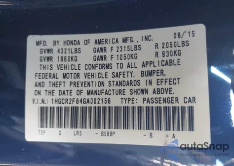 2016 Honda Accord Ex-L из США, поврежденный, VIN 1HGCR2F84GA002156